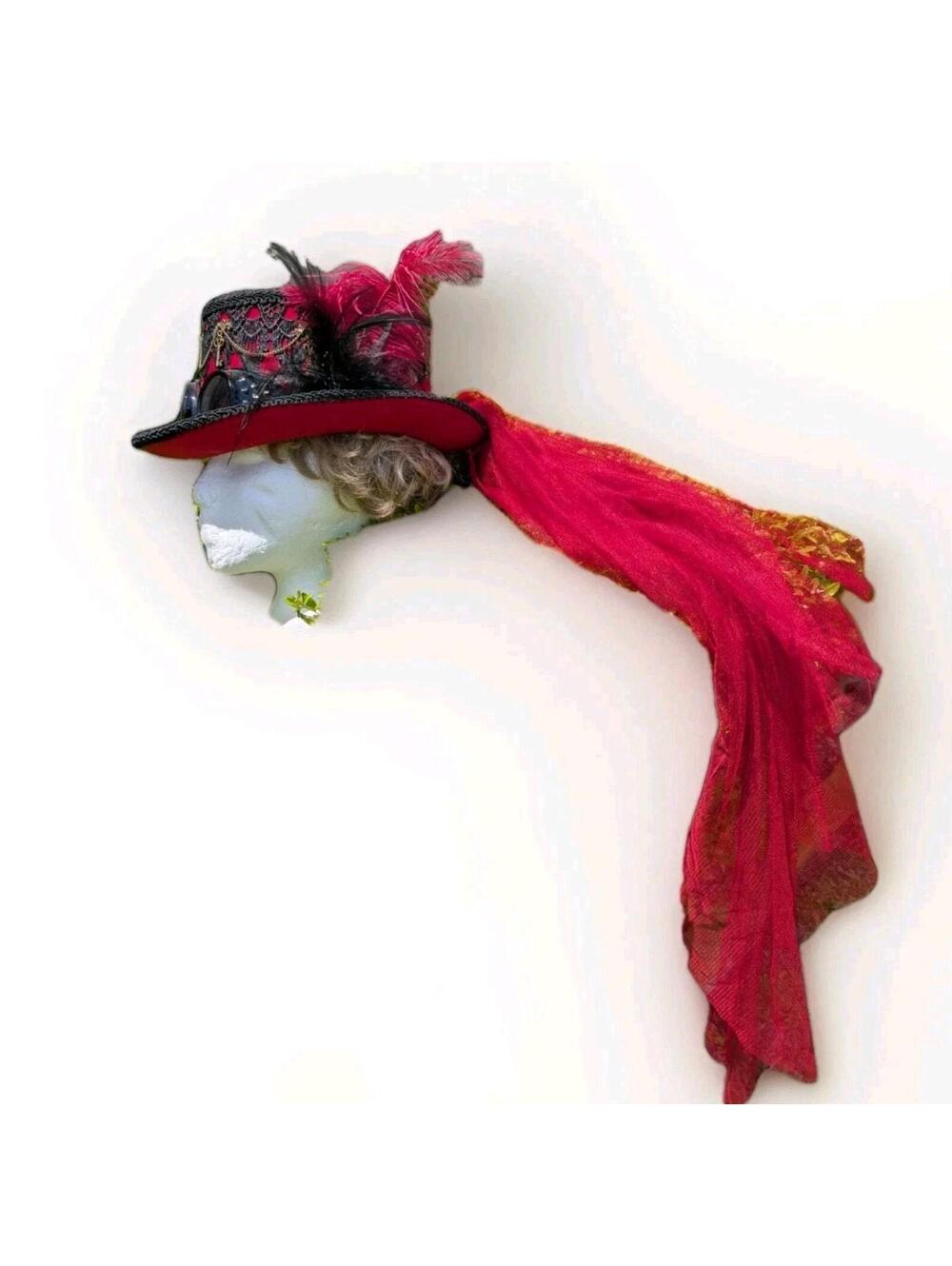 Black Red Steampunk Burning Man Top Hat With Goggles and Lace Party Head Gear - Picture 6 of 9